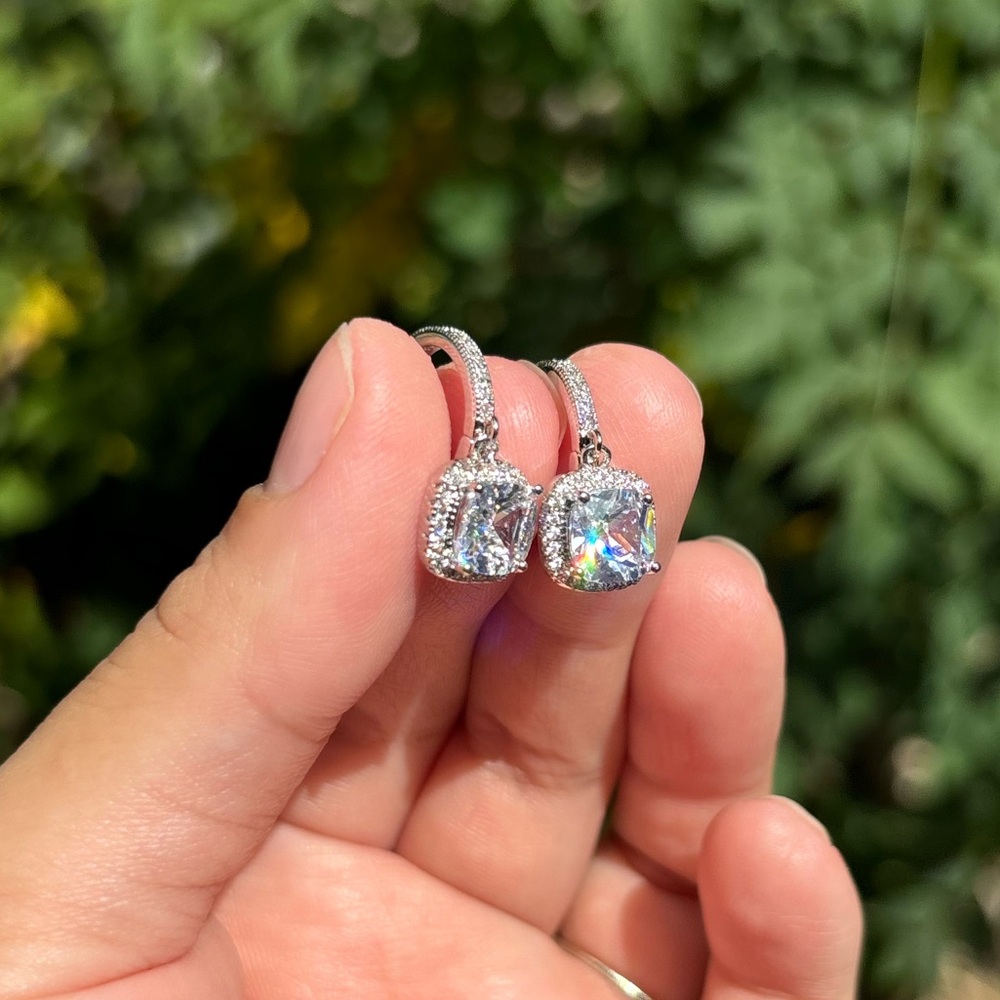 18K White Gold Plated Stainless Steel Diamond Dangling Earrings - Picture 4 of 5